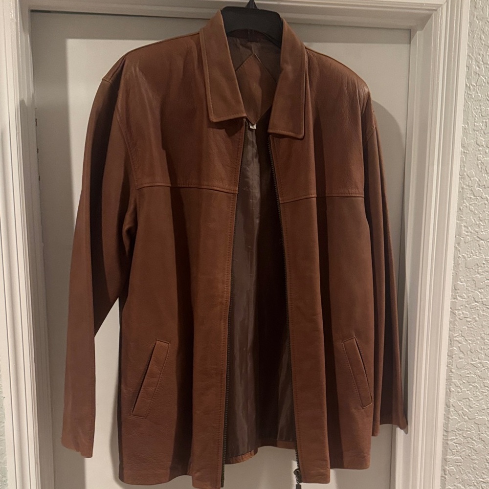 Men's Brown Leather Zip Jacket - Lightweight Shirt Jacket